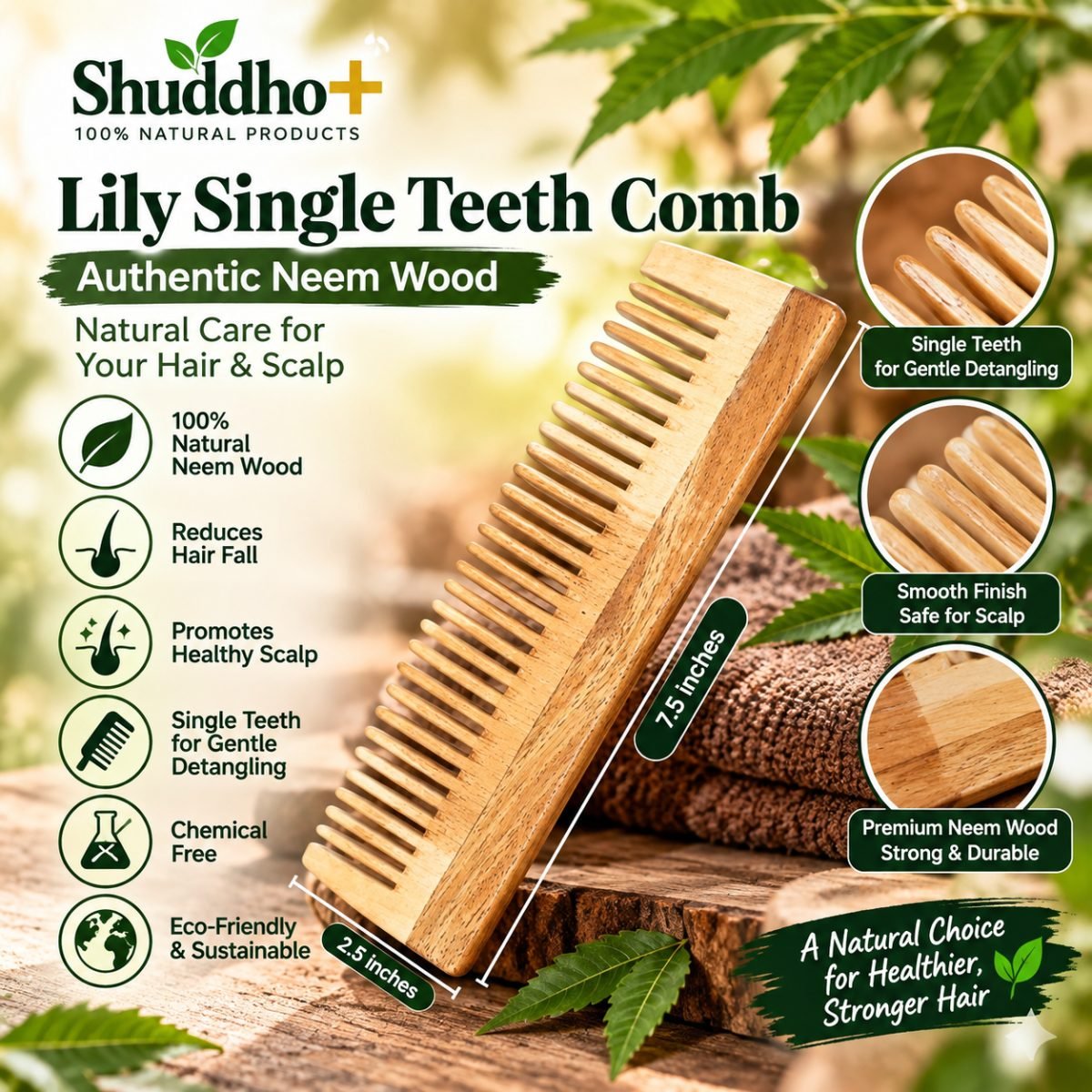 Shuddho Neem Wood Single Tooth Comb